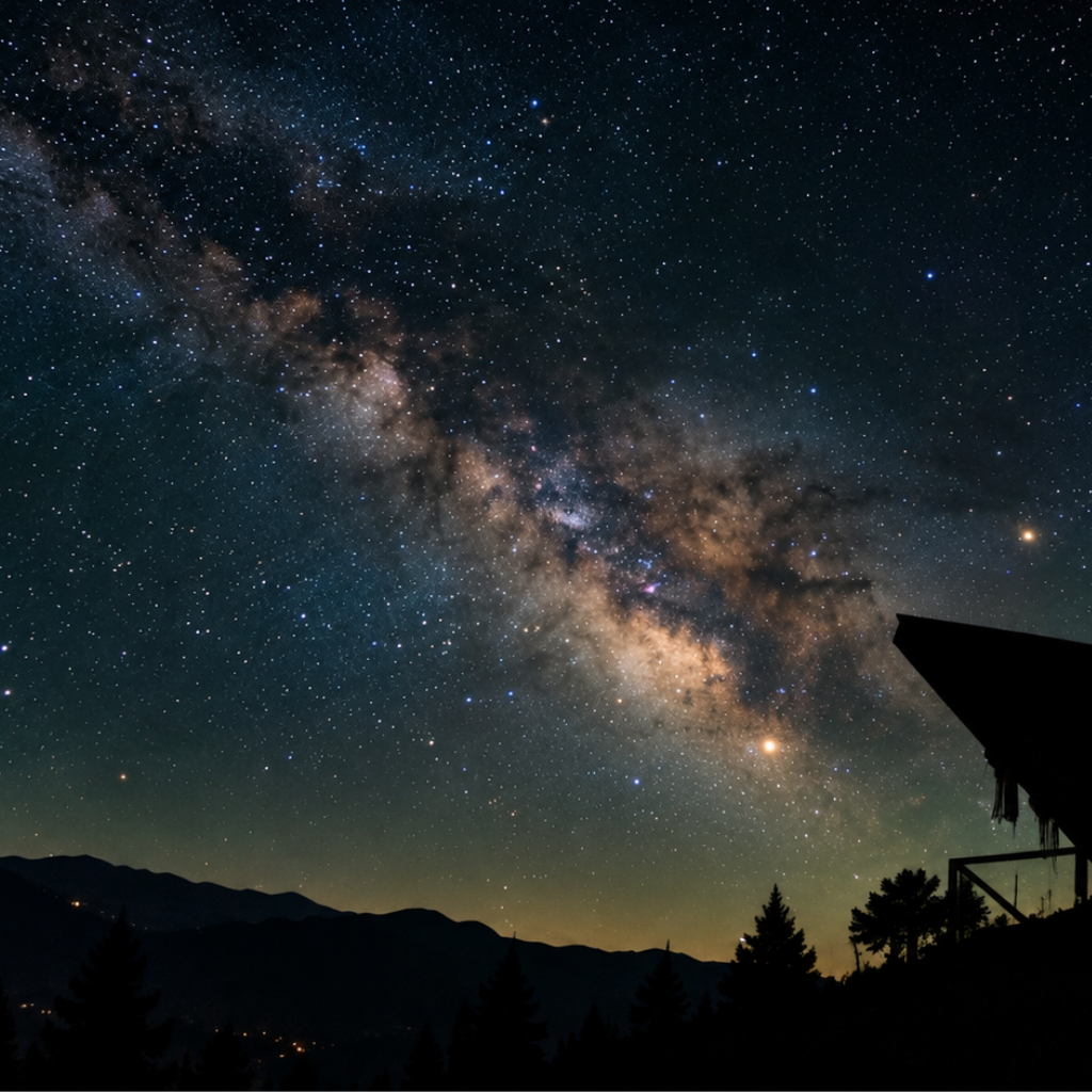 stargazing on a terrace with a view of the misty valley at night